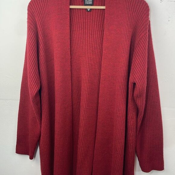 Eileen Fisher Open Front Ribbed Cardigan Sweater 100% Merino Wool Deep Red Med - Picture 3 of 13